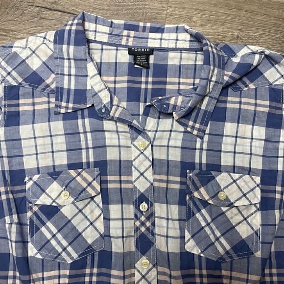 Torrid Camp Shirt Plaid Blue Roll Tab Sleeve Plus Size 2 Cotton Casual - Picture 4 of 8